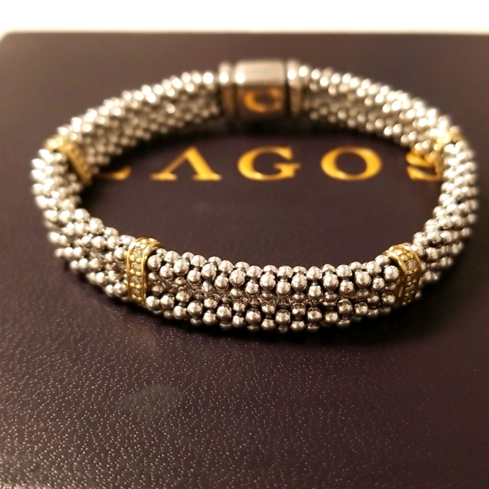Lagos Caviar 18K YG & Silver Diamond Bracelet